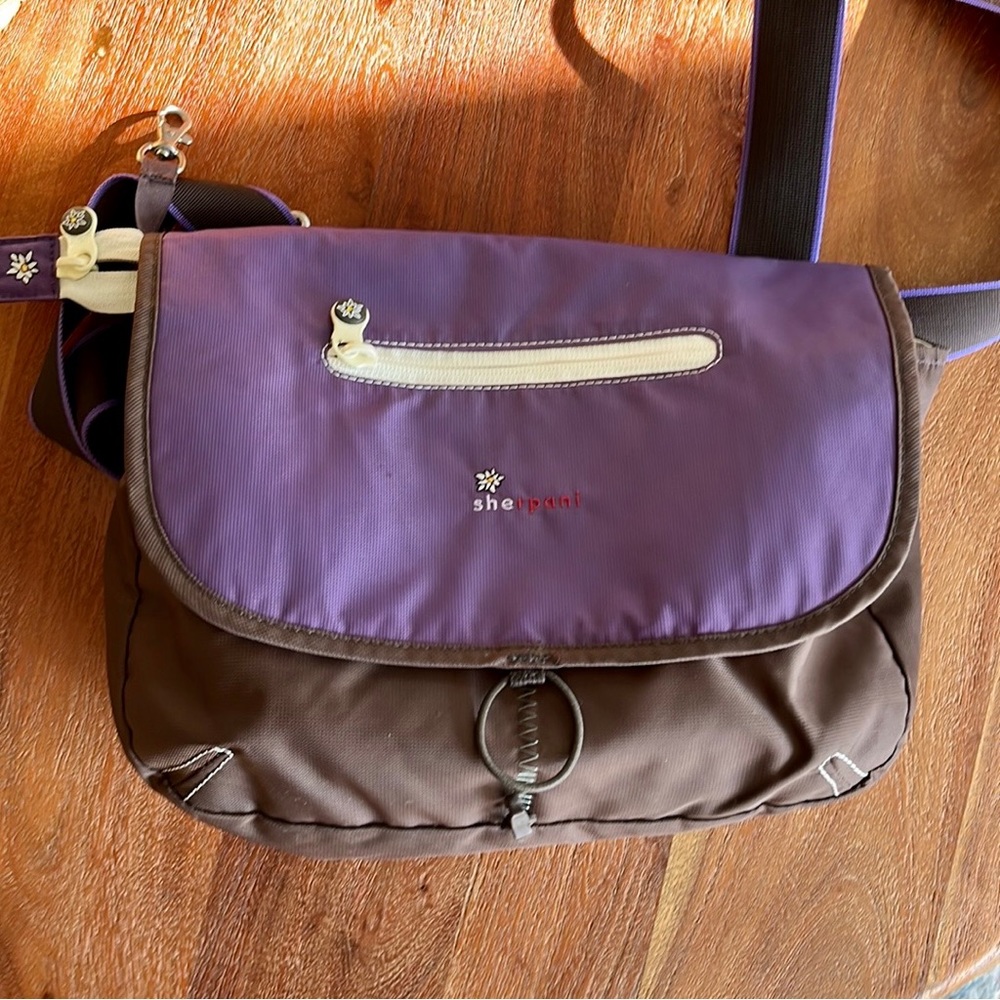 Sherpani Crossbody Messenger Bag Adjustable Strap Purple and Brown